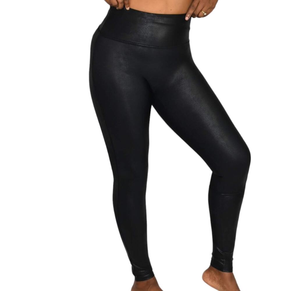 Spanx Faux Leather Leggings Black Seam Free Contoured Shaping Shiny Size Small